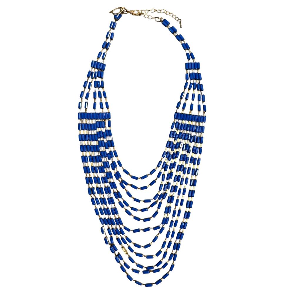 Costume Jewelry Necklace Layered Beaded Rectangle Adjustable Boho Blue Gold